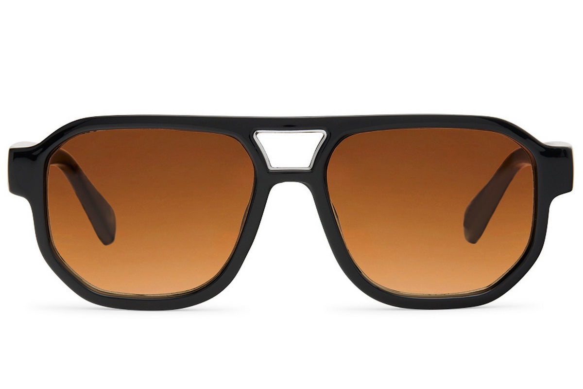 Black aviator-style sunglasses with black frames and orange gradient lenses