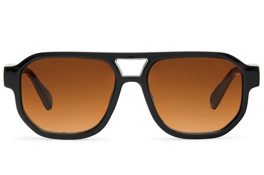 Black aviator-style sunglasses with black frames and orange gradient lenses