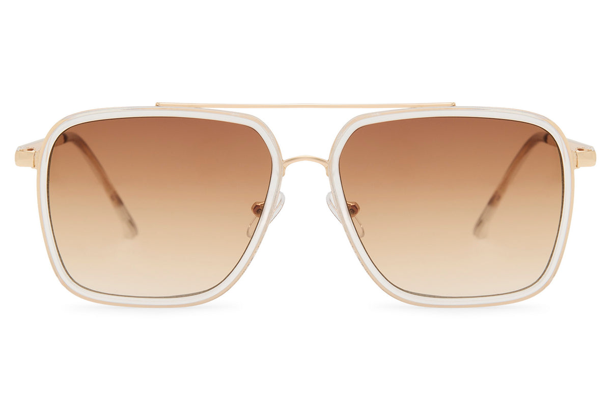 Gold Square Aviator Sunglasses with Clear Rim and Brown Gradient Lenses