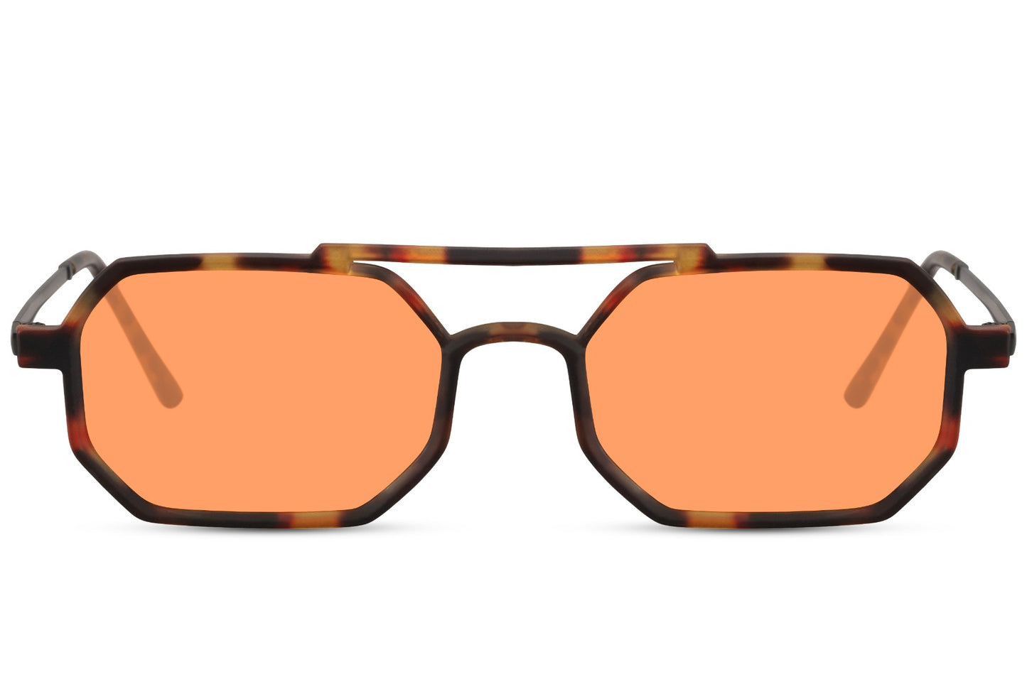 A pair of orange aviator sunglasses with a patterned frame.