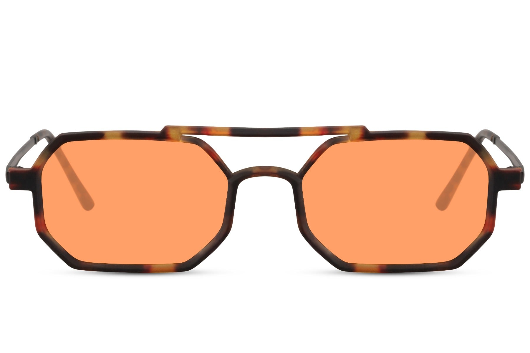 A pair of orange aviator sunglasses with a patterned frame.