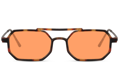A pair of orange aviator sunglasses with a patterned frame.