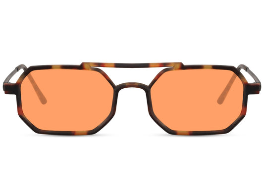 A pair of orange aviator sunglasses with a patterned frame.