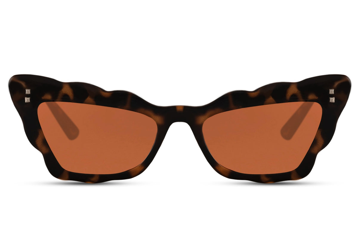 A pair of brown animal print cat eye sunglasses.