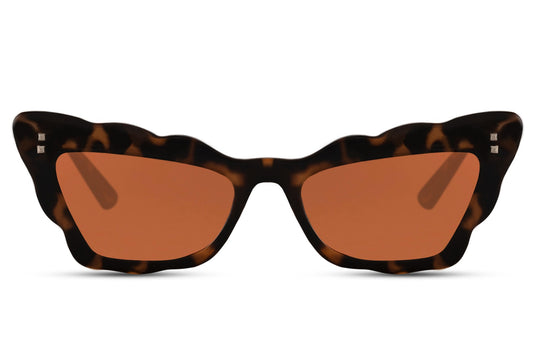 A pair of brown animal print cat eye sunglasses.