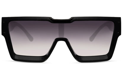 A pair of black sunglasses with a wide frame design.