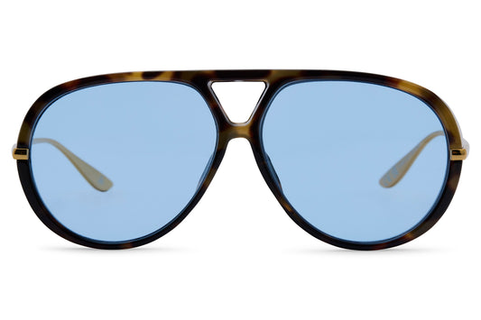 Tortoiseshell aviator sunglasses with blue lenses, front view